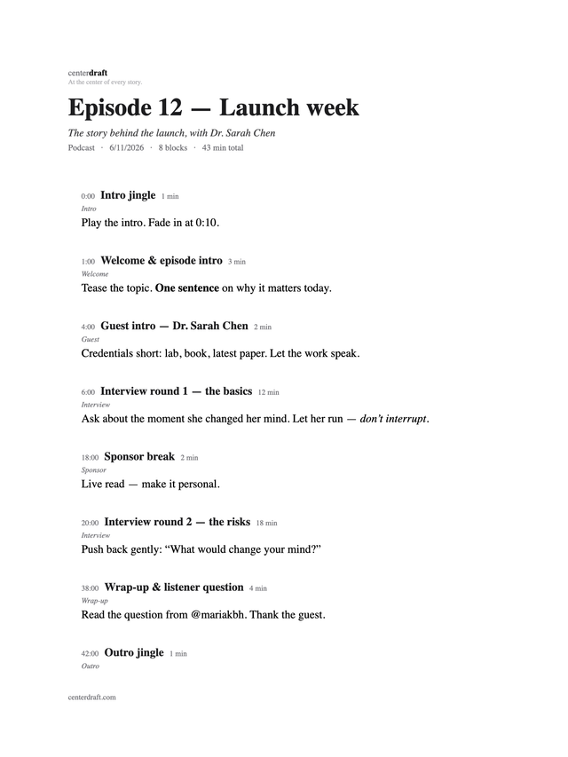 Word export of a Centerdraft rundown — an outline with timestamps, block titles, and talking points, ready to write into