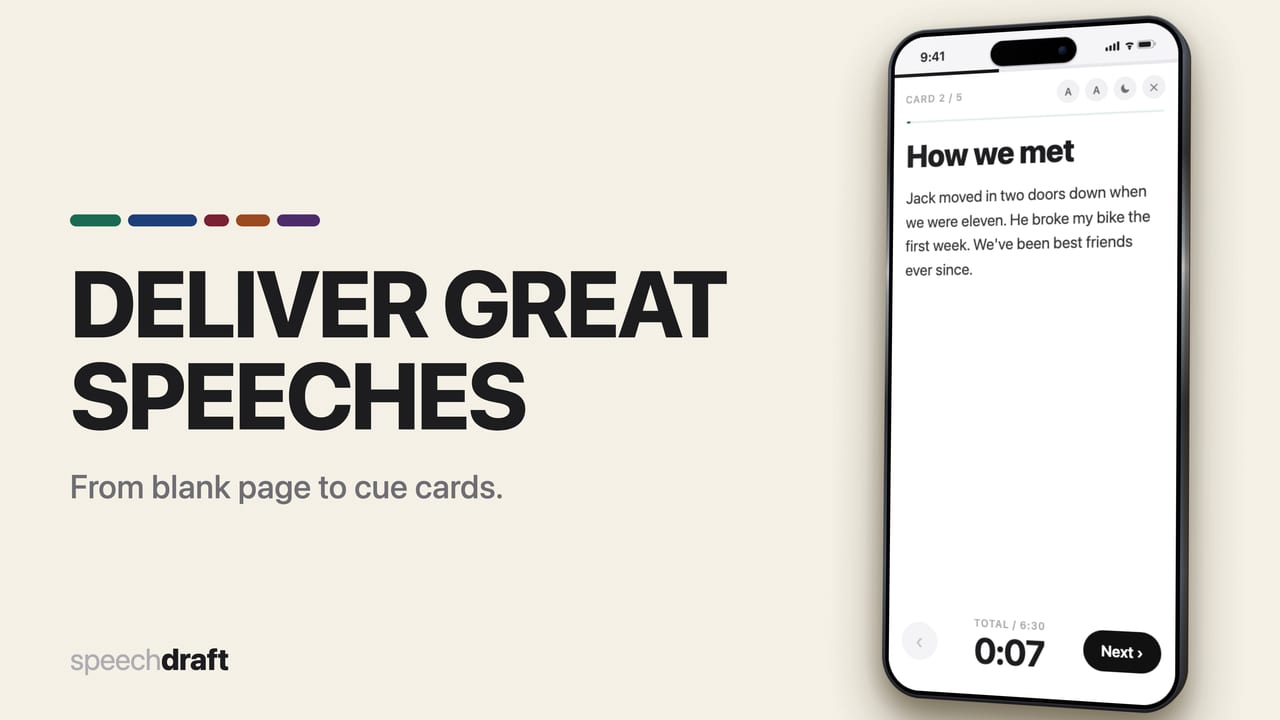 SpeechDraft demo — a phone showing the cue card “How we met” with a stage clock beneath it